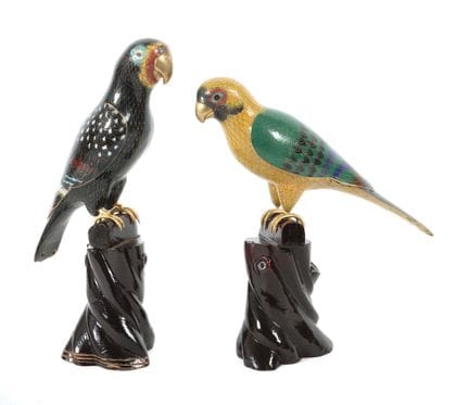2 Parrots, China, mid-20th century, metal and wood