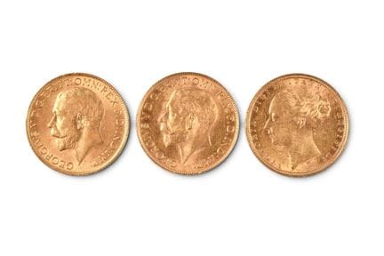 MONNAIES d'OR : 3 x Souverains anglais 1874, 1913,