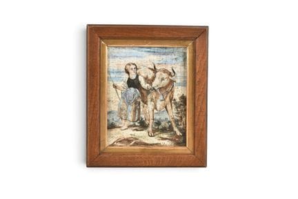 CARREAU de FAIENCE à sujet d'une gardienne et sa v