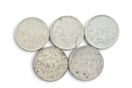 MONNAIES d'ARGENT (lot de) comprenant 5 x 5 Francs