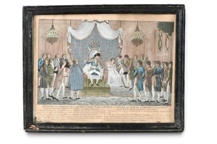 GRAVURE en couleur, sujet de la "demande en mariag