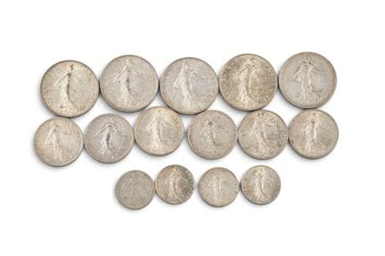 MONNAIES d'ARGENT : semeuses : 5 x 2 francs ; 6 x 