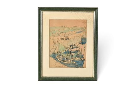 MOREAU, XXème siècle. Bateau de pêche au port. Aqu