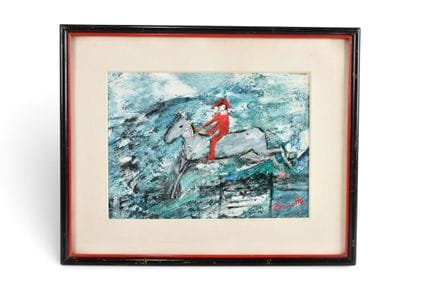 Poucette (1935-2006). Cavalier en rouge sur un che