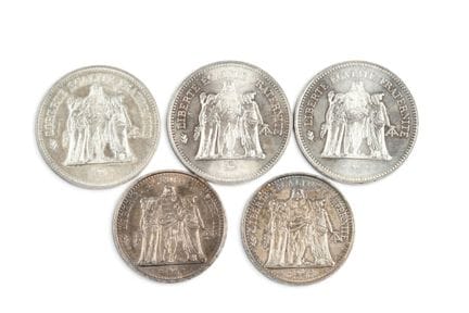 MONNAIES d'ARGENT : 3 x 50 francs et 2 x 10 francs