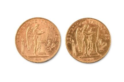 MONNAIES d'OR : 2 x 20 francs 1893 et 1897
Lot ven
