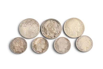 MONNAIES d'ARGENT : 3 x 20 francs et 4 x 10 francs