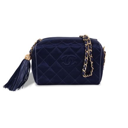 CHANEL, Pochette seta blu tracolla a catena con de
