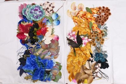 Un lotto di fiori e foglie in tessuto per modista.