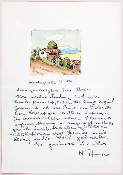 Hermann Hesse. Lettre manuscrite accompagnée d'une