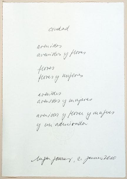 Eugen Gomringer. Poème autographe « Ciudad (Avenid