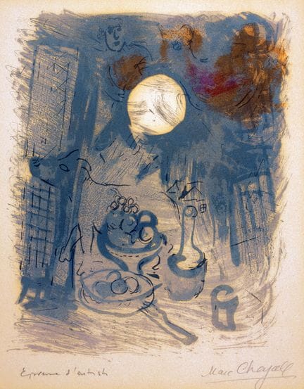 马克·夏加尔。《蓝色静物》。彩色石版画。1957年。24 : 19 厘米（39.5 : 28 厘米）