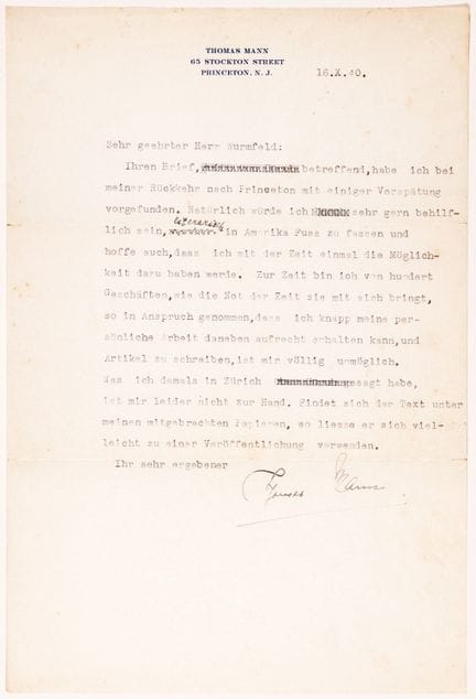 Thomas Mann. Lettre portant sa signature manuscrit