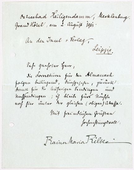 Rainer Maria Rilke. Lettre manuscrite et signée. H