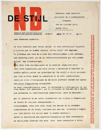 De Stijl - Theo van Doesburg. Lettre dactylographi