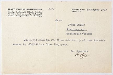 Bauhaus - Franz Singer. Lettre de présentation au 