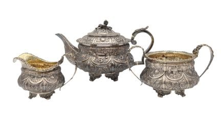 A three-piece George IV sterling silver tea servic