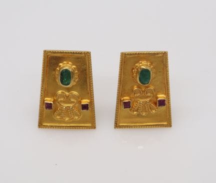 Pair of 18k gold Byzantine style ear clips, set wi