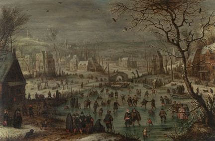 Paysage hivernal néerlandais avec des patineurs.

