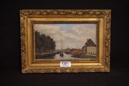 油画——《运河风光》——木板油画——左下角有难以辨认的签名——23 × 37 厘米
