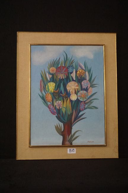 加斯顿·雷伦斯（1909 - 2011）——《风格化的树与雏鸟》——布面油画——署名——背面有复核签