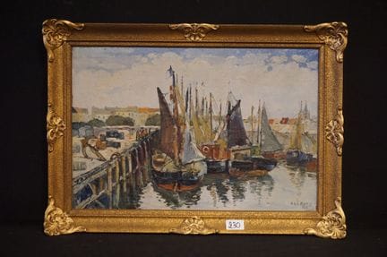 RENE CLAROT (1882–1972) — "Lively Fishing Harbor" 