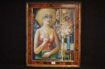 约里斯·霍文（1925 - 1998）——《手持香槟杯的年轻金发女子》——布面油画——署名——大型画