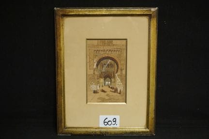Antique Oriental watercolor - "Temple with Figures