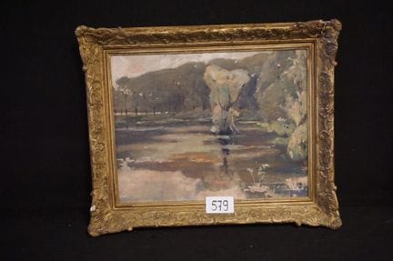 维克多·克雷滕（1878—1966）——《池塘景观》——水彩画——署名——34 × 44 厘米