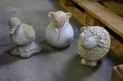 3 garden statues made of concrete and ceramic—a du