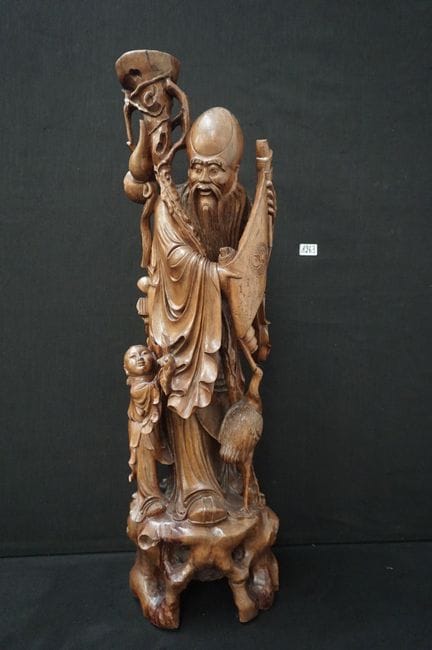 Große chinesische Holzskulptur – „Weiser mit Kind 