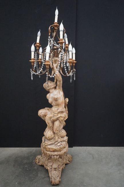 Beautiful, large floor lamp made of carved wood—su
