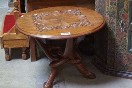 African vintage side table—tropical wood—with scul