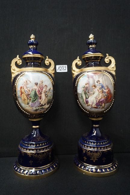 2 beautiful vases in cobalt-blue porcelain—Sèvres 