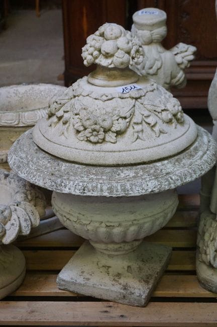 Large concrete garden vase with lid—decorated with