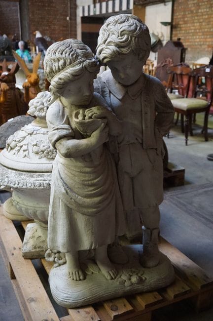 Large concrete garden statue - "Boy and Girl" - H: