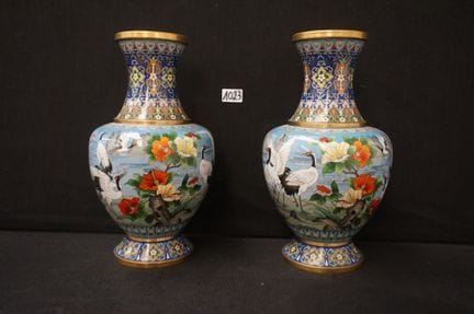 2 beautiful Chinese cloisonné vases—decorated with