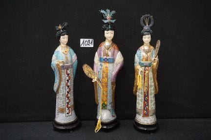 3 beautiful Chinese cloisonné sculptures—on wooden