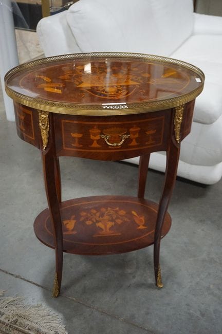 Beautiful oval marquetry side table—French style—w