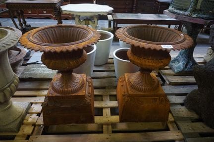 2 beautiful, large cast-iron garden vases—on match