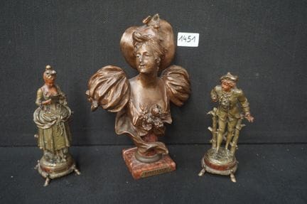1 bust + 2 sculptures—all made of zamac—ca. 1900—“