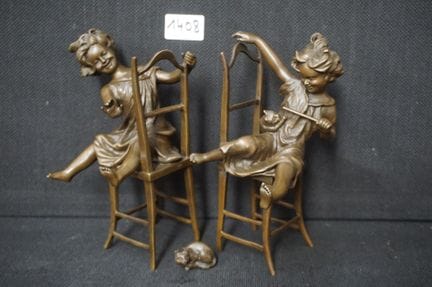 2 bronze sculptures - "girls playing with kittens"
