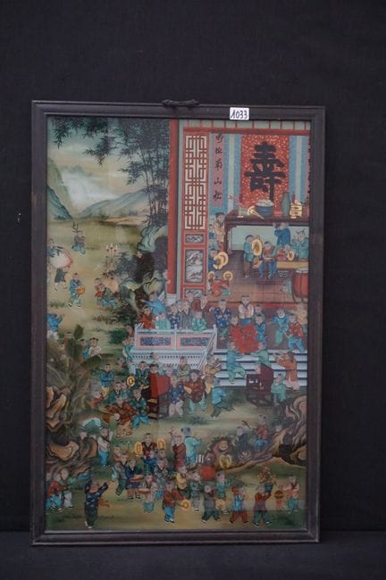 Beautiful, large Chinese eglomisé painting—“100 Ch