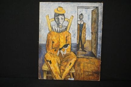 tableau - « Clown avec un oiseau » - huile sur toi