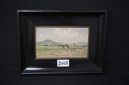 油画——《牧羊人、牧羊女与羊群的风景》——木板油画——签名难以辨认——背面有题记和旧标签——17 ×