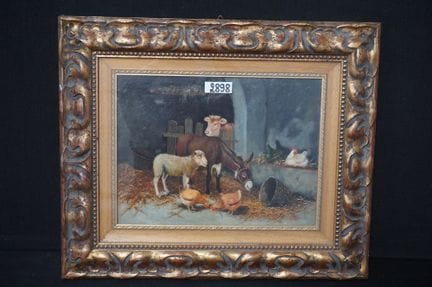tableau - « âne, mouton et poules » - huile sur pa