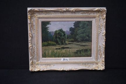 A. BONEUX ——《树木与池塘的风景》——木板油画——创作于1916年——27 x 37 厘米