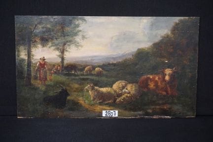 19世纪油画——《人物与牲畜的风景》——木板油画——右下角有损伤——34 x 62 厘米