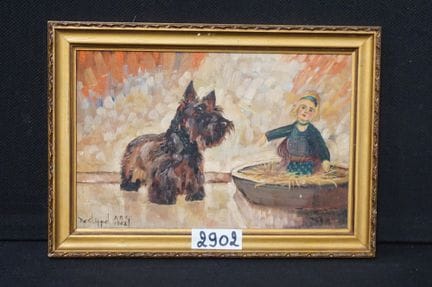 DE CLIPPEL - « chien et poupée » - huile sur panne