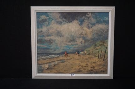 油画——《人物海滩场景》——布面油画——签名和日期难以辨认——70 x 80 厘米